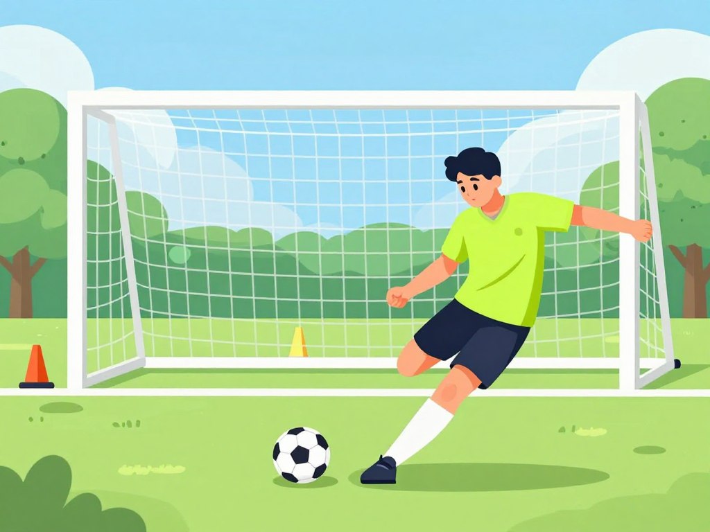 A dynamic soccer scene capturing the fundamentals of finishing, featuring a player in a bright team jersey and shorts executing a powerful strike on the ball. In the foreground, the player is mid-kick, showcasing their form with one foot grounded and the other leg extended towards the ball, emphasizing balance and technique. In the middle ground, a well-defined soccer goal is visible, with a net tightly stretched and a few practice cones arranged around. The background presents a blurred green field and a clear blue sky, illustrating a vibrant training environment. The lighting is bright and natural, casting soft shadows that accentuate the energy of the moment, while a wide-angle lens captures the movement and intensity, evoking a sense of urgency and focus in the art of soccer finishing.