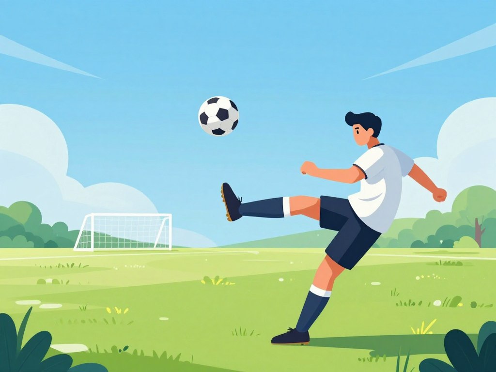 A dynamic soccer scene capturing the technique of mastering a chip shot. In the foreground, an athlete wearing a professional soccer kit with modest clothing performs a precise chip shot, one foot making contact with the ball, showcasing motion and energy. The ball is shown soaring through the air, towards a distant goal. In the middle ground, a well-maintained grassy soccer field stretches out, with a faint outline of goalposts visible. The background features a bright, clear blue sky, symbolizing a perfect day for practice. Soft sunlight filters through, casting natural highlights and shadows on the scene, evoking a sense of focus and determination. The angle captures the action from a low perspective, amplifying the dynamic energy of the kick.