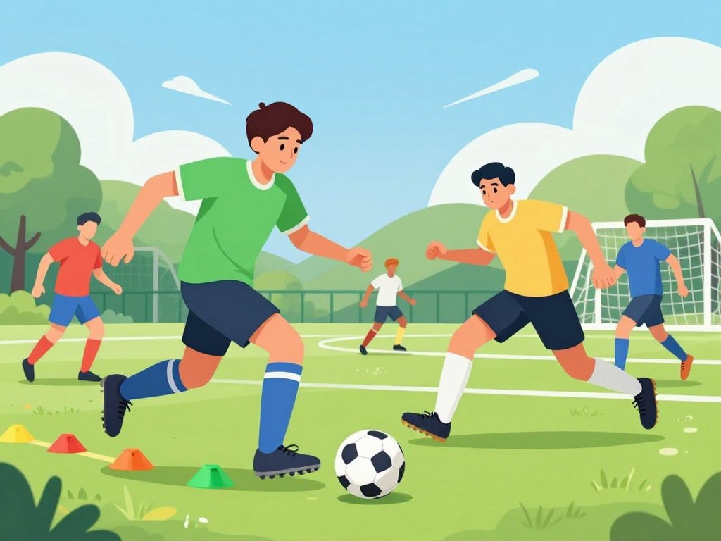 A dynamic soccer training scene showcasing a diverse group of athletes practicing dribbling drills for speed and precision on a lush green field. In the foreground, a young male player wearing a bright jersey skillfully maneuvers a soccer ball around colorful cones, showing intense focus and determination. In the middle ground, another player executes quick footwork, demonstrating agility and control with the ball. The background features a sunny day with clear blue skies, distant trees, and layered soccer nets, conveying an energetic and motivational atmosphere. Soft, natural lighting enhances the vibrant colors, while a low-angle shot captures the motion and excitement of the drills, emphasizing both speed and skill. The overall mood is inspiring, encouraging viewers to engage in the sport.