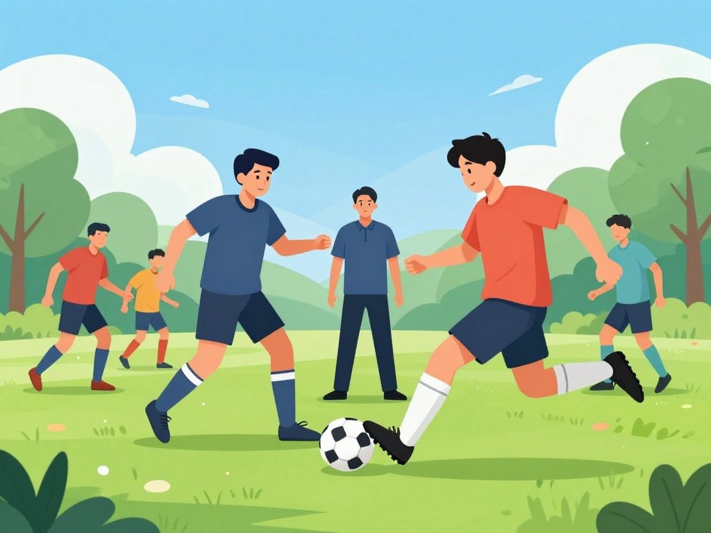 A dynamic soccer training session focused on improving first touch skills, featuring a diverse group of players in modest athletic wear. In the foreground, a player demonstrates a perfect first touch, effortlessly controlling a soccer ball with their foot, showcasing motion and energy. In the middle ground, a coach observes and provides guidance, gesturing with enthusiasm as other players practice in the background. The setting is a sunlit outdoor soccer field with vivid green grass, vibrant blue skies, and distant trees, creating an inspiring atmosphere. The image captures a low-angle perspective, accentuating the action and excitement of the training, with soft, natural lighting emphasizing the players' movements and determination.