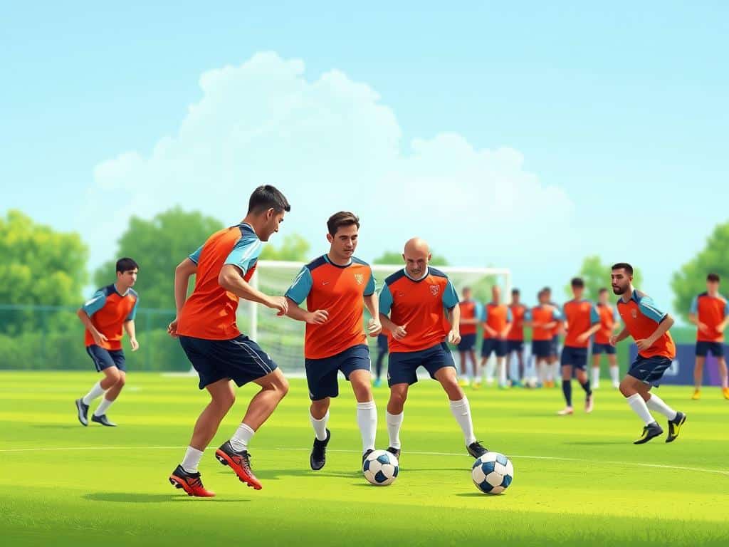 A dynamic soccer training session in action, showcasing grouped players dribbling and passing a ball on a lush green field. In the foreground, several players in matching athletic jerseys and shorts are focused on high-energy drills, their bodies in motion, conveying teamwork and communication. In the middle ground, a coach gestures, providing feedback with a keen expression, emphasizing the importance of group dynamics in training. The background features vibrant goalposts and cheering teammates, with a clear blue sky overhead. The lighting is bright and natural, highlighting the intensity of the session. The scene is alive with motion and enthusiasm, capturing the spirit of teamwork and skill development in soccer training. A dynamic soccer training session in action, showcasing grouped players dribbling and passing a ball on a lush green field. In the foreground, several players in matching athletic jerseys and shorts are focused on high-energy drills, their bodies in motion, conveying teamwork and communication. In the middle ground, a coach gestures, providing feedback with a keen expression, emphasizing the importance of group dynamics in training. The background features vibrant goalposts and cheering teammates, with a clear blue sky overhead. The lighting is bright and natural, highlighting the intensity of the session. The scene is alive with motion and enthusiasm, capturing the spirit of teamwork and skill development in soccer training.