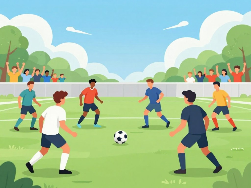 A high-energy soccer scene capturing the essence of spatial awareness and positioning on the pitch. In the foreground, a diverse group of players in modest athletic gear is dynamically positioned, displaying various tactical stances as they anticipate the ball's movement. The middle ground features a soccer ball approaching a player poised for their first touch, emphasizing the critical interaction between the ball and player. In the background, a well-maintained soccer field is framed by cheering spectators, under a bright blue sky with occasional fluffy clouds, conveying a vibrant and motivating atmosphere. The lighting is bright and natural, highlighting the players' movements and expressions, while a slight motion blur captures the speed and excitement of the game, enhancing the overall dynamic feel of the image.