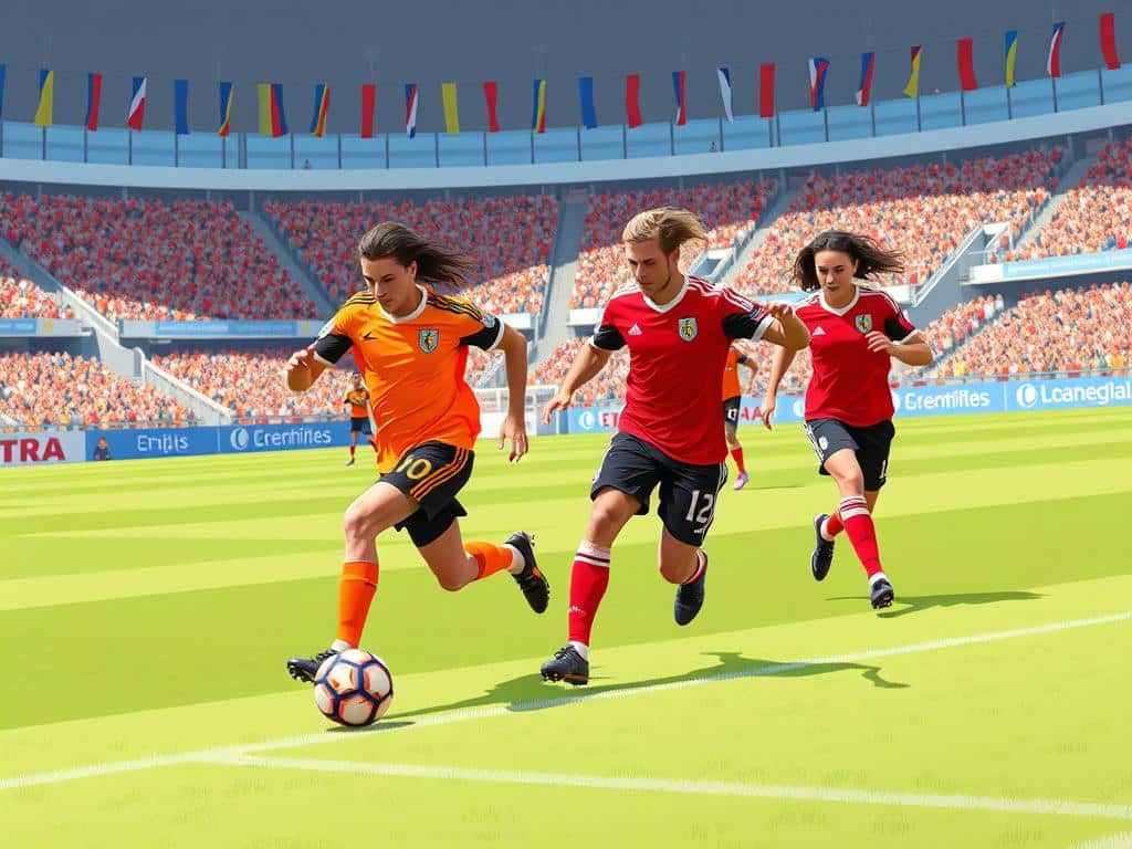 A lively soccer scene capturing a group of four professional players in dynamic motion on a well-maintained grass pitch, showcasing energy and teamwork. The players, dressed in striking team jerseys with matching shorts and shin guards, display diverse athletic builds and headgear. In the foreground, one player is skillfully dribbling the ball past an opponent, while a teammate prepares for a swift pass. The background features a cheering crowd in a stadium full of vibrant flags and banners, contributing to the atmosphere of excitement. The lighting is bright and natural, casting soft shadows that enhance the action. The angle captures the intensity of the game, with a low perspective that emphasizes the players' movement and the thrill of the sport.