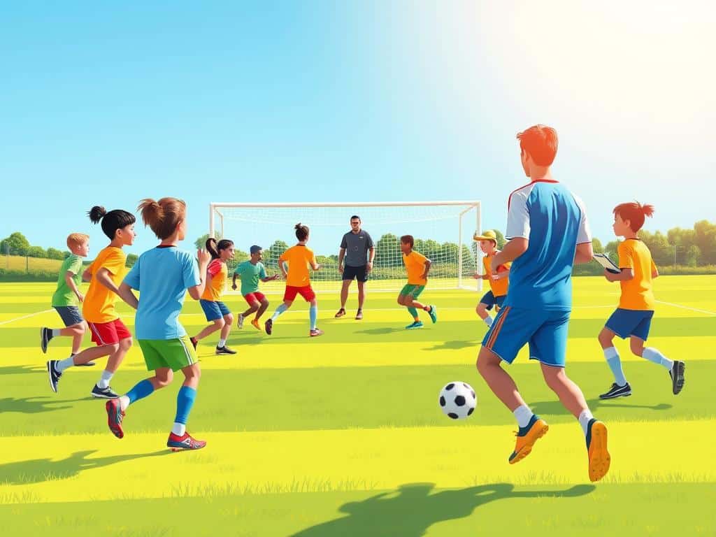 A lively soccer training session on a bright, sunny day at a well-maintained field. In the foreground, a diverse group of young players, dressed in colorful jerseys and shorts, are energetically engaged in warm-up exercises, stretching and jogging. In the middle ground, a coach, wearing a whistle and clipboard, demonstrates specific drills while players practice dribbling and passing, showcasing their focus and enthusiasm. The background features goal posts and distant trees under a clear blue sky. The lighting is vibrant and warm, casting dynamic shadows that enhance the sense of motion and energy in the scene. The image conveys a sense of teamwork and dedication, capturing the essence of effective soccer training. A lively soccer training session on a bright, sunny day at a well-maintained field. In the foreground, a diverse group of young players, dressed in colorful jerseys and shorts, are energetically engaged in warm-up exercises, stretching and jogging. In the middle ground, a coach, wearing a whistle and clipboard, demonstrates specific drills while players practice dribbling and passing, showcasing their focus and enthusiasm. The background features goal posts and distant trees under a clear blue sky. The lighting is vibrant and warm, casting dynamic shadows that enhance the sense of motion and energy in the scene. The image conveys a sense of teamwork and dedication, capturing the essence of effective soccer training.