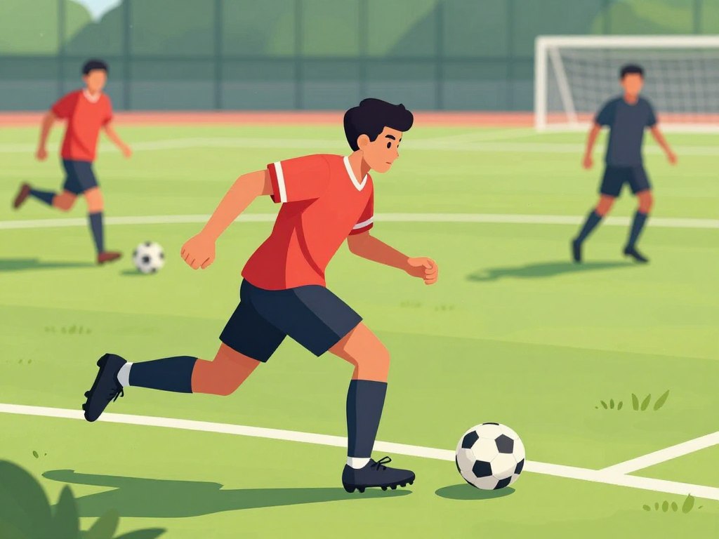 A soccer player in mid-action, dynamically poised to sprint towards an open space on the field, conveying determination and speed. The foreground features the athlete in a vibrant jersey, showcasing muscle tension and a focused stance, wearing modest athletic gear. The middle ground displays blurred teammates and opponents, indicating the flow of the game, with a soccer ball nearby ready for transition. The background captures a well-maintained soccer pitch under bright afternoon sunlight, casting long shadows to enhance depth. The image is taken from a low angle, emphasizing the player's movement and the vast field ahead, creating a sense of urgency and energy, with a slight motion blur to accentuate the action, conveying the excitement of tactical gameplay.