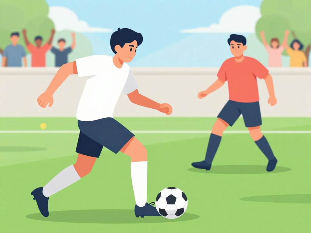 A soccer player in modest athletic apparel is demonstrating the shielding technique on the field, focusing on protecting the ball while maintaining balance and posture. The foreground captures the player from a slight angle, showing dynamic motion as they lean forward, with one foot positioned beside the ball and the other ready to pivot. In the middle ground, a defender approaches, poised to challenge for the ball, creating a sense of competition. The background features a vibrant green soccer field under bright, natural daylight, with cheering fans blurred in the distance. The mood is intense and energetic, capturing the essence of play and strategy in soccer. The angle is slightly low, enhancing the action, and conveying a sense of urgency and skill.