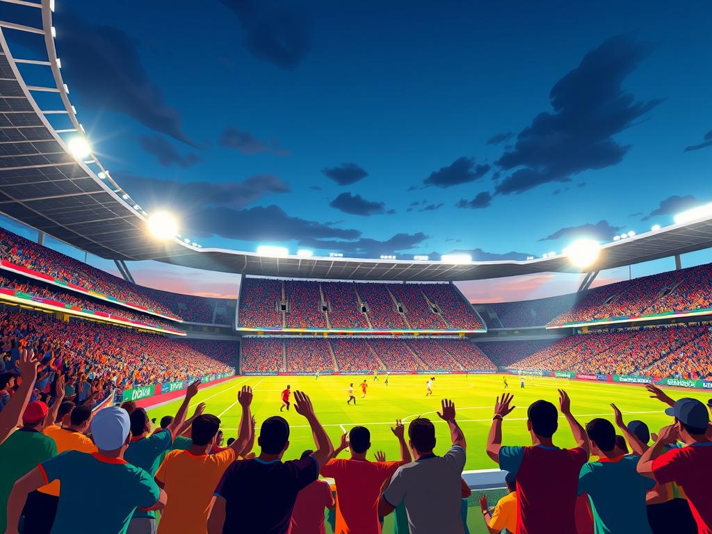 A vibrant and dynamic scene of a famous soccer stadium in Mexico, showcasing its lively atmosphere during a match. In the foreground, excited fans in colorful jerseys are cheering, capturing the energy of the game. The middle ground features the lush green pitch with players in action, engaged in dynamic play with visible movement and skillful dribbles. In the background, the grand architecture of the stadium rises majestically, illuminated by bright floodlights against a twilight sky, creating a warm, inviting glow. The angle captures the stadium from a low perspective, emphasizing the grandeur and scale of the venue. The overall mood is electrifying and exhilarating, reflecting the passion of soccer in Mexico. A vibrant and dynamic scene of a famous soccer stadium in Mexico, showcasing its lively atmosphere during a match. In the foreground, excited fans in colorful jerseys are cheering, capturing the energy of the game. The middle ground features the lush green pitch with players in action, engaged in dynamic play with visible movement and skillful dribbles. In the background, the grand architecture of the stadium rises majestically, illuminated by bright floodlights against a twilight sky, creating a warm, inviting glow. The angle captures the stadium from a low perspective, emphasizing the grandeur and scale of the venue. The overall mood is electrifying and exhilarating, reflecting the passion of soccer in Mexico.