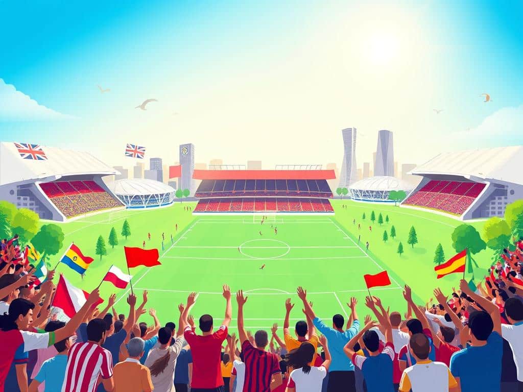 A vibrant, dynamic scene capturing a global array of famous soccer stadiums from different countries. In the foreground, show enthusiastic fans waving flags and wearing team jerseys, creating a sense of energy and excitement. The middle ground features iconic stadiums such as the Maracanã, Wembley, and Camp Nou, each uniquely designed, surrounded by lush greenery and bustling crowds. In the background, a clear blue sky with soft, warm sunlight casting an inviting glow over the scene. Perspective should be wide-angle, illustrating the scale and grandeur of the stadiums. The atmosphere is lively and spirited, reflecting the passion of soccer culture. Movement is key—capture fans jumping, cheering, and celebrating goals, enhancing the feeling of action and joy across this stadium world tour. A vibrant, dynamic scene capturing a global array of famous soccer stadiums from different countries. In the foreground, show enthusiastic fans waving flags and wearing team jerseys, creating a sense of energy and excitement. The middle ground features iconic stadiums such as the Maracanã, Wembley, and Camp Nou, each uniquely designed, surrounded by lush greenery and bustling crowds. In the background, a clear blue sky with soft, warm sunlight casting an inviting glow over the scene. Perspective should be wide-angle, illustrating the scale and grandeur of the stadiums. The atmosphere is lively and spirited, reflecting the passion of soccer culture. Movement is key—capture fans jumping, cheering, and celebrating goals, enhancing the feeling of action and joy across this stadium world tour.