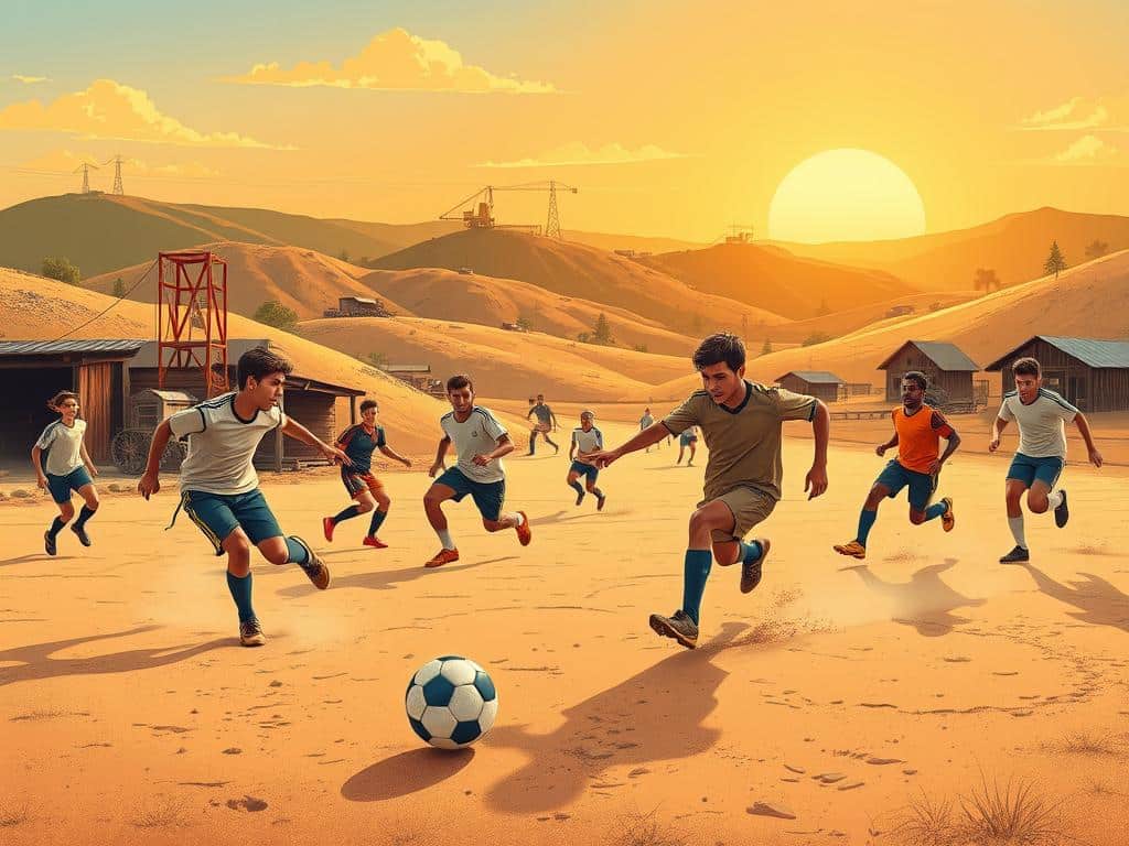 A vibrant mining region soccer hub showcases a diverse group of players in action, dribbling a soccer ball across a dusty field. In the foreground, athletes in modest casual sports attire exhibit dynamic movement, showcasing their energy and teamwork. The middle ground features rugged mining equipment and old timber structures, symbolizing the historical significance of the region. A backdrop of rolling hills dotted with scattered mining sites contrasts with the lively scene. The atmosphere is filled with a sense of camaraderie and competitive spirit, bathed in the warm golden light of a setting sun, casting long shadows. The angle captures the scene from a low perspective, emphasizing the players' motion and the expansive sky above, evoking the spirit of soccer as a unifying force in the mining community. A vibrant mining region soccer hub showcases a diverse group of players in action, dribbling a soccer ball across a dusty field. In the foreground, athletes in modest casual sports attire exhibit dynamic movement, showcasing their energy and teamwork. The middle ground features rugged mining equipment and old timber structures, symbolizing the historical significance of the region. A backdrop of rolling hills dotted with scattered mining sites contrasts with the lively scene. The atmosphere is filled with a sense of camaraderie and competitive spirit, bathed in the warm golden light of a setting sun, casting long shadows. The angle captures the scene from a low perspective, emphasizing the players' motion and the expansive sky above, evoking the spirit of soccer as a unifying force in the mining community.