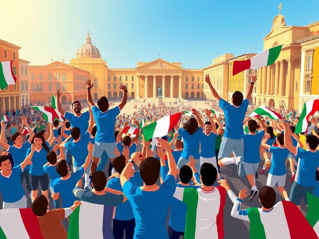 A vibrant scene capturing Italy national team fans celebrating in a city square. In the foreground, a diverse group of fans, wearing blue jerseys, waving flags, and holding scarves, is filled with energy and enthusiasm. They are jumping and cheering, embodying unity and pride. In the middle ground, iconic Italian architecture can be seen, such as ancient buildings and statues, adding context and cultural significance. The background features a clear blue sky, symbolizing hope and joy, with clusters of fans dispersed throughout the square. The lighting is warm and dynamic, capturing the golden hour glow, creating a lively and festive atmosphere. The image conveys a sense of community and regional pride, reflecting soccer's role in national identity with a focus on unity and celebration. A vibrant scene capturing Italy national team fans celebrating in a city square. In the foreground, a diverse group of fans, wearing blue jerseys, waving flags, and holding scarves, is filled with energy and enthusiasm. They are jumping and cheering, embodying unity and pride. In the middle ground, iconic Italian architecture can be seen, such as ancient buildings and statues, adding context and cultural significance. The background features a clear blue sky, symbolizing hope and joy, with clusters of fans dispersed throughout the square. The lighting is warm and dynamic, capturing the golden hour glow, creating a lively and festive atmosphere. The image conveys a sense of community and regional pride, reflecting soccer's role in national identity with a focus on unity and celebration.