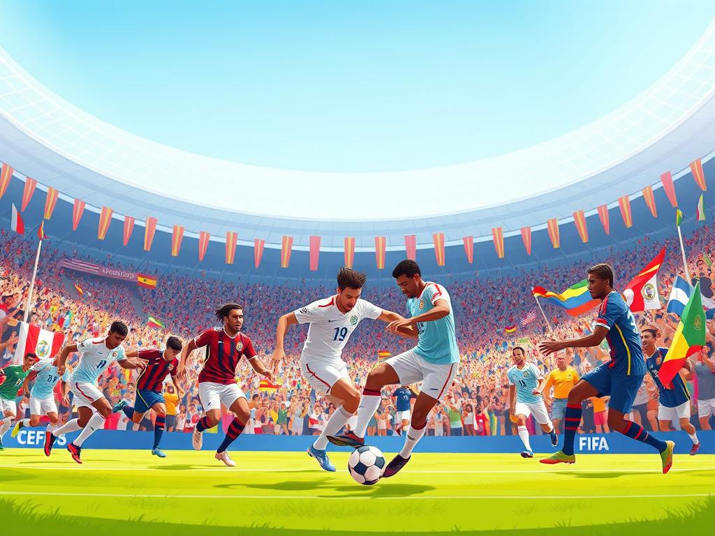 A vibrant scene capturing a FIFA World Cup match, showcasing dynamic soccer play. In the foreground, a diverse group of players in stylish uniforms energetically competing for the ball, exuding intensity and determination. The middle ground features a lively crowd of fans, draped in their national flags, celebrating with passion and enthusiasm. In the background, a large stadium filled with colorful banners and a clear blue sky overhead, creating a sense of grandeur and excitement. The lighting is bright and dynamic, emphasizing the action on the field while casting dramatic shadows. The atmosphere is electric, highlighting the intersection of sport, nationalism, and global unity without any individual faces clearly visible. A slight tilt-angle adds energy to the scene, capturing movement and a sense of urgency. A vibrant scene capturing a FIFA World Cup match, showcasing dynamic soccer play. In the foreground, a diverse group of players in stylish uniforms energetically competing for the ball, exuding intensity and determination. The middle ground features a lively crowd of fans, draped in their national flags, celebrating with passion and enthusiasm. In the background, a large stadium filled with colorful banners and a clear blue sky overhead, creating a sense of grandeur and excitement. The lighting is bright and dynamic, emphasizing the action on the field while casting dramatic shadows. The atmosphere is electric, highlighting the intersection of sport, nationalism, and global unity without any individual faces clearly visible. A slight tilt-angle adds energy to the scene, capturing movement and a sense of urgency.