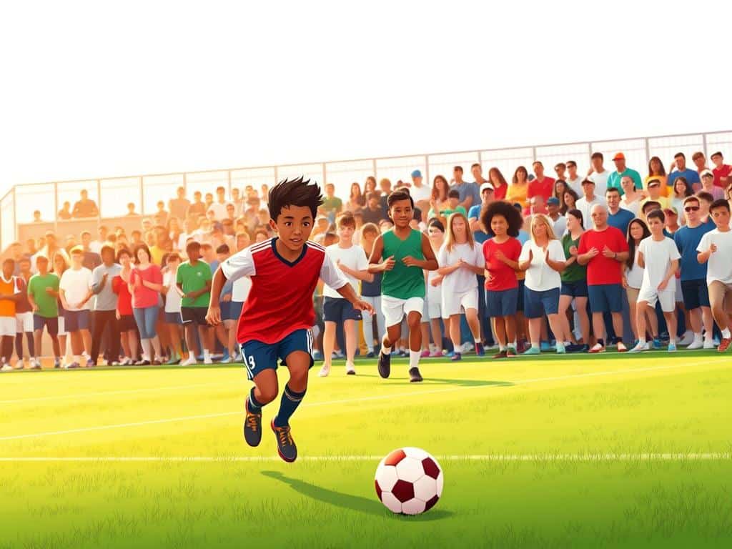 A vibrant scene capturing the essence of soccer participation in Australia, depicting a diverse group of players in dynamic motion on a lush green soccer field. In the foreground, two young players, one of Asian descent and the other of African descent, are engaged in a spirited chase for the ball, both wearing casual athletic clothing. The middle ground features a larger group of players of various ages and backgrounds, showcasing teamwork and interaction as they pass the ball to each other. In the background, a lively crowd of spectators, including families and friends, cheer enthusiastically, creating an atmosphere of excitement and community. The lighting is warm and golden, suggesting a late afternoon sun, with a slightly blurred focus on the background to enhance the energy of the action. The overall mood is lively and inspiring, symbolizing the cultural significance and growing popularity of soccer in Australia. A vibrant scene capturing the essence of soccer participation in Australia, depicting a diverse group of players in dynamic motion on a lush green soccer field. In the foreground, two young players, one of Asian descent and the other of African descent, are engaged in a spirited chase for the ball, both wearing casual athletic clothing. The middle ground features a larger group of players of various ages and backgrounds, showcasing teamwork and interaction as they pass the ball to each other. In the background, a lively crowd of spectators, including families and friends, cheer enthusiastically, creating an atmosphere of excitement and community. The lighting is warm and golden, suggesting a late afternoon sun, with a slightly blurred focus on the background to enhance the energy of the action. The overall mood is lively and inspiring, symbolizing the cultural significance and growing popularity of soccer in Australia.