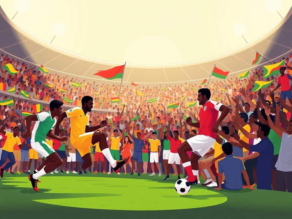 A vibrant scene capturing the excitement of the World Cup in Africa, set in a bustling stadium filled with diverse fans cheerfully waving flags. In the foreground, players in traditional soccer kits exude energy, mid-action as they skillfully maneuver the ball. The midground showcases lively crowds with colorful clothing, celebrating together in a powerful display of unity and passion. The background features a sunlit stadium illuminated by floodlights, creating an atmosphere of anticipation and joy. The mood is spirited and festive, reflecting the cultural diversity and enthusiasm of African nations participating in the World Cup. The angle is slightly elevated to encompass the dynamic movement and the collective celebration without showing individual faces, emphasizing the collective experience of the event. A vibrant scene capturing the excitement of the World Cup in Africa, set in a bustling stadium filled with diverse fans cheerfully waving flags. In the foreground, players in traditional soccer kits exude energy, mid-action as they skillfully maneuver the ball. The midground showcases lively crowds with colorful clothing, celebrating together in a powerful display of unity and passion. The background features a sunlit stadium illuminated by floodlights, creating an atmosphere of anticipation and joy. The mood is spirited and festive, reflecting the cultural diversity and enthusiasm of African nations participating in the World Cup. The angle is slightly elevated to encompass the dynamic movement and the collective celebration without showing individual faces, emphasizing the collective experience of the event.