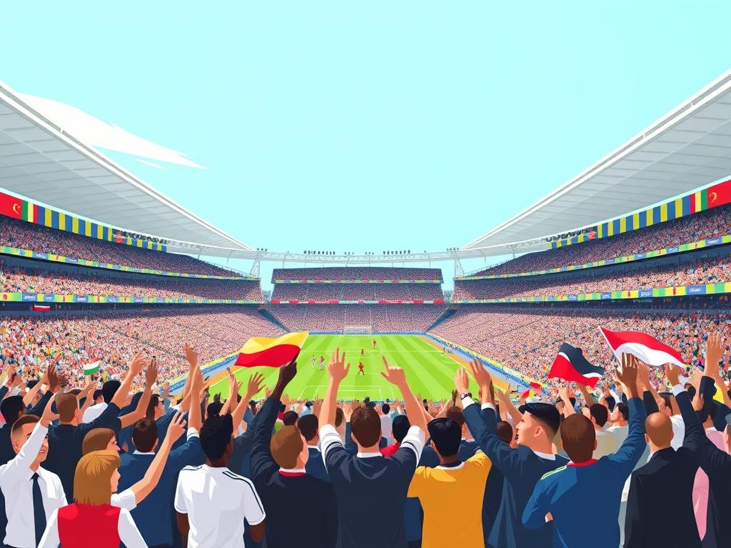 A vibrant scene depicting a large soccer stadium filled with an enthusiastic crowd, illustrating the tension and excitement of a World Cup host state. In the foreground, a diverse group of supporters wearing professional business attire, waving flags and wearing team jerseys, are passionately cheering, capturing the energy of the event. In the middle, the grand soccer field is visible, with players engaged in dynamic play, showcasing their skill and teamwork. The stadium is adorned with colorful banners and flags, representing different nations. In the background, a clear blue sky provides bright, natural lighting, enhancing the lively atmosphere. The image should convey a sense of unity and anticipation, with a focus on the communal experience and the underlying political undertones of the tournament. A vibrant scene depicting a large soccer stadium filled with an enthusiastic crowd, illustrating the tension and excitement of a World Cup host state. In the foreground, a diverse group of supporters wearing professional business attire, waving flags and wearing team jerseys, are passionately cheering, capturing the energy of the event. In the middle, the grand soccer field is visible, with players engaged in dynamic play, showcasing their skill and teamwork. The stadium is adorned with colorful banners and flags, representing different nations. In the background, a clear blue sky provides bright, natural lighting, enhancing the lively atmosphere. The image should convey a sense of unity and anticipation, with a focus on the communal experience and the underlying political undertones of the tournament.