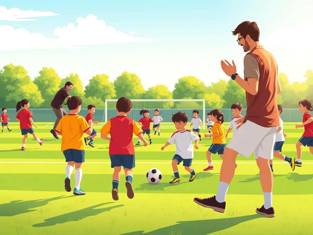 A vibrant soccer field bustling with energy, showcasing parents actively engaging with their children during a youth soccer practice. In the foreground, a mother and father in modest casual clothing enthusiastically cheer and support their young players, clapping and high-fiving. In the middle ground, children in colorful jerseys demonstrate teamwork as they engage in drills, dribbling and passing the soccer ball with determination. The background features a lush green field with goalposts and a clear blue sky, creating an inviting atmosphere. Soft, warm sunlight bathes the scene, casting lively shadows and enhancing the joyful mood. The angle captures the dynamic interactions and movement, emphasizing the importance of partnership between parents and youth coaches in fostering a strong soccer culture.
