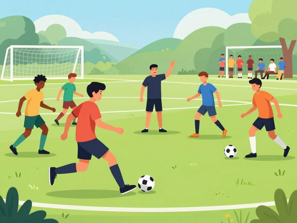 A vibrant soccer field during a sunny day, with a group of diverse, young athletes in modest athletic gear practicing one-touch passing drills. In the foreground, focus on a player executing a precise pass while others are in dynamic motion, showcasing energy and teamwork. The middle ground features a coach providing guidance, gesturing enthusiastically, and observing the players. The background captures goalposts and a blurred crowd of spectators, contributing to an atmosphere of excitement and engagement. Bright, natural lighting highlights the players' movements, with a wide-angle perspective to emphasize the action and the expansive field, creating a lively, motivational scene.