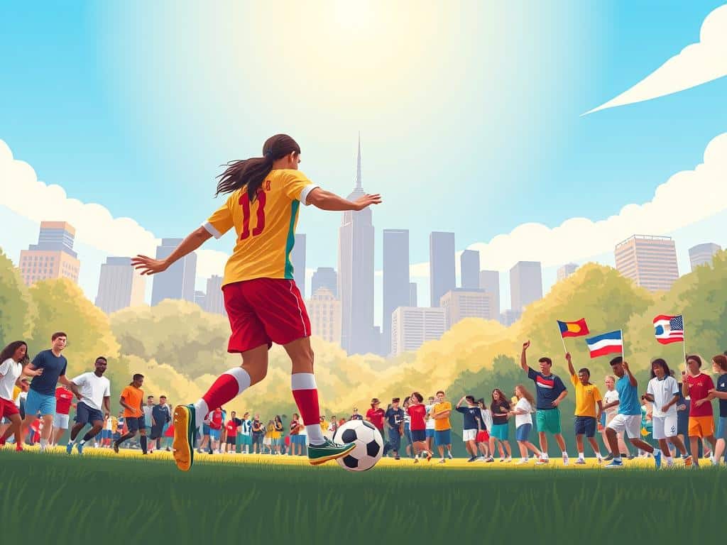 A vibrant soccer scene depicting a diverse group of athletes playing in a large urban park in the United States, showcasing dynamic movements and energy. In the foreground, two players engage in a spirited pass, wearing colorful jerseys and athletic gear, emphasizing camaraderie and teamwork. The middle ground features a mix of spectators, young and old, immersed in the action, with some waving flags representing different countries. The background captures a classic American skyline under a bright blue sky with soft, warm sunlight illuminating the scene. Focus on wide-angle perspective to convey the excitement of the game, with a slight motion blur on the players to enhance the sense of speed and energy. The overall mood is lively and inspiring, reflecting soccer's growing popularity and its cultural significance in the U.S.
