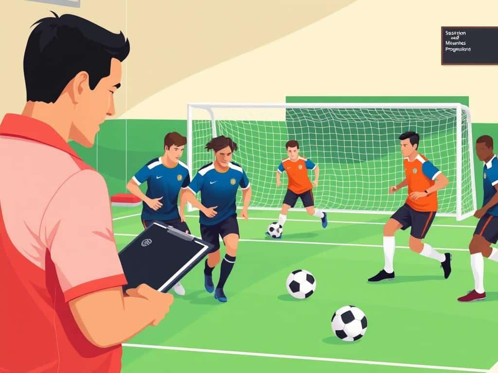 A vibrant soccer training environment, showcasing a diverse group of players, dressed in professional athletic gear, actively engaged in a dynamic small-sided game. In the foreground, a coach, wearing a polo shirt and holding a clipboard, observes the players with a focused expression, symbolizing strategic session planning. The middle ground features the players in motion, showcasing their agility and teamwork as they pass and dribble a bright soccer ball on a well-maintained green pitch. In the background, goalposts are visible, and a chalkboard with session notes and progressions can be seen. Soft, natural lighting illuminates the scene, creating an energetic and motivational atmosphere. The image captures the essence of focused training and measurable outcomes, emphasizing growth and development in soccer skills.