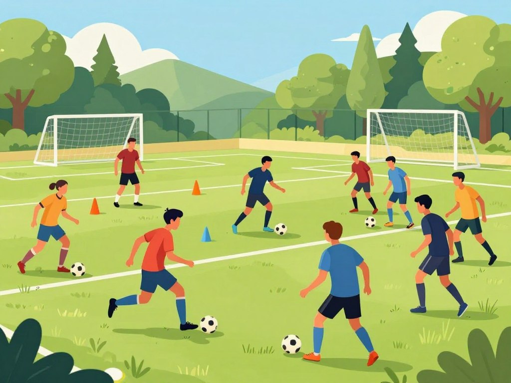 A vibrant soccer training ground bustling with energy, where players are engaged in competitive drill environments. In the foreground, diverse players in modest athletic wear are executing dynamic finishing drills, showcasing varied foot skills and intense focus. The middle ground features a coach passionately demonstrating techniques, with cones and goals scattered throughout the field, emphasizing a competitive atmosphere. In the background, lush green trees frame the scene under a clear blue sky, with soft sunlight casting warm, inviting tones. The image captures the motion and synergy among players, conveying excitement and determination as they hone their skills in a structured yet lively setting. The composition is shot from a slightly elevated angle to encompass the breadth of the practice, highlighting the collaborative spirit of training.