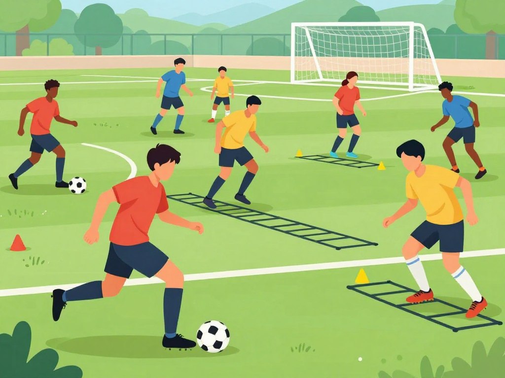 A vibrant soccer training scene depicting a diverse group of young athletes engaged in rigorous drills focused on building endurance and strength for dribbling. In the foreground, two players practice dribbling, showcasing agile footwork and determination, their bodies in dynamic motion. In the middle ground, additional players perform strength exercises with weights and agility ladders, highlighting teamwork and focus. The background features a well-maintained soccer field under bright daylight, with goalposts and training cones scattered throughout. The atmosphere is energetic and motivational, capturing a sense of hard work and dedication. The angle is slightly elevated, allowing a clear view of players' movements and the expansive field, while soft shadows enhance the sense of depth and activity.