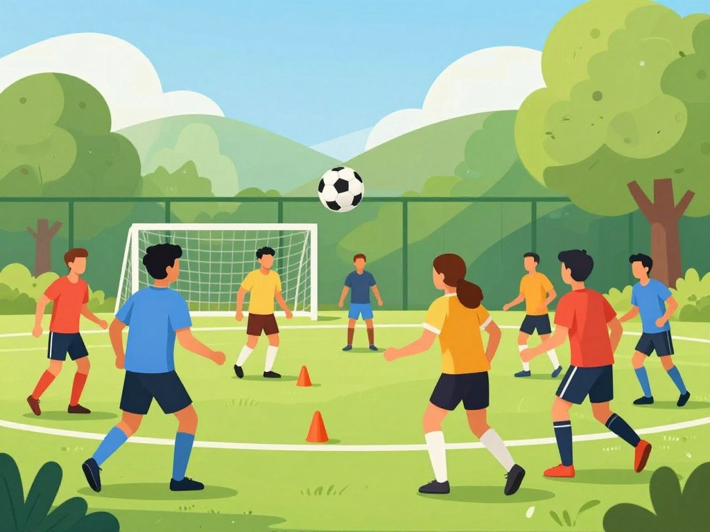 A vibrant soccer training scene focused on progressive drills for volley mastery in a spacious, outdoor practice field. In the foreground, a diverse group of male and female players, dressed in bright athletic gear, are engaged in exercises that emphasize ball control and volley techniques, showing dynamic movement. The middle ground features training cones and a goalpost, while a soccer ball is in mid-air, captured in the moment of being volleyed. The background includes lush green trees under a clear blue sky, with the sun casting warm, energizing lighting that enhances the scene's vibrancy. The overall mood is energetic and focused, showcasing teamwork and skill development in soccer.