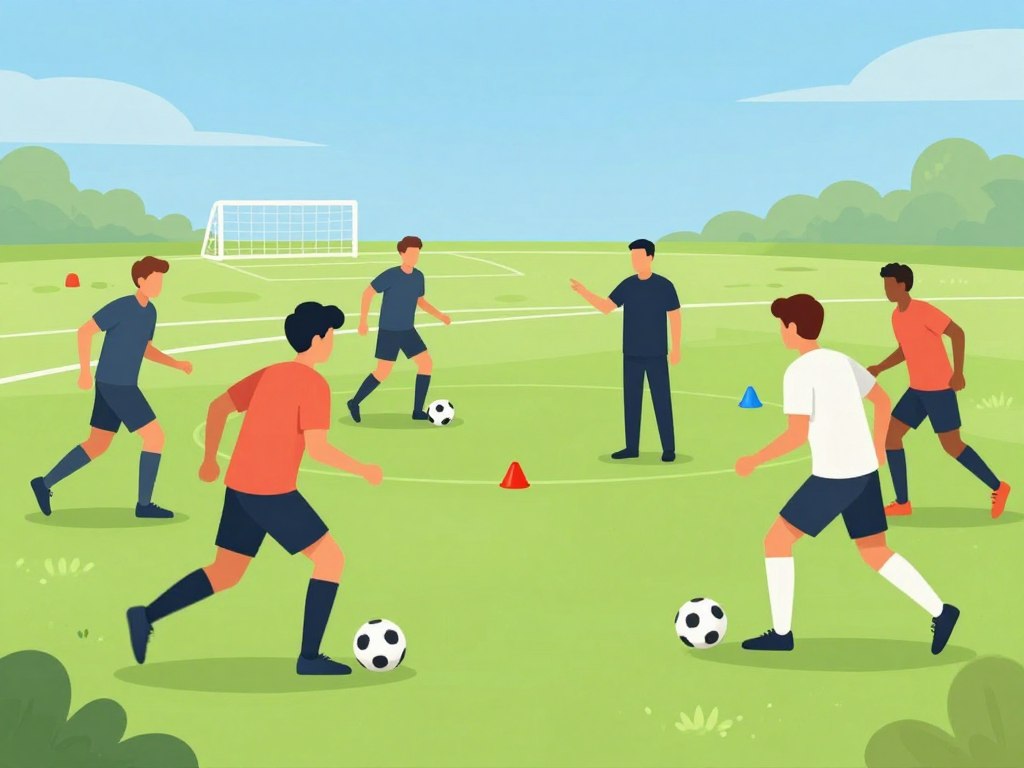 A vibrant soccer training session in an open field, showcasing dynamic players in modest athletic attire. In the foreground, a diverse group of players is actively engaged in a dribbling and passing drill, demonstrating teamwork and energy, with motion blur to convey speed. The middle ground features a coach giving instructions, gesturing towards the players, with cones and markers set up to outline tactical positions. The background exhibits a clear blue sky, with a distant view of goalposts and a lush green pitch. Bright, natural daylight illuminates the scene, casting soft shadows that emphasize the players' movements. The atmosphere is lively and focused, encapsulating the essence of effective coaching strategies that mimic real game situations.