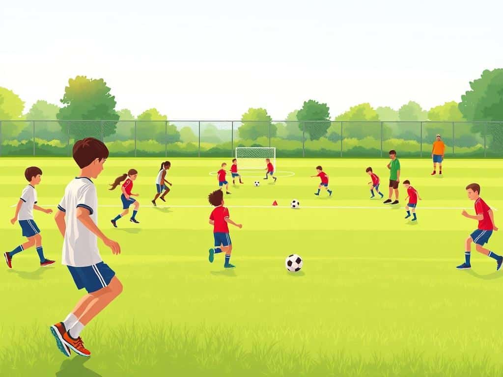 A vibrant soccer training session set in a well-maintained, green field under bright, natural sunlight. In the foreground, a diverse group of modestly dressed young players, ages 10-14, are energetically engaged in a small-sided game, showcasing dynamic movement and teamwork. The middle ground features cones and small goals strategically placed to illustrate the design of the small-sided game, with some players dribbling the ball and others positioning for passes. In the background, enthusiastic coaches observe and provide guidance, enhancing the learning atmosphere. The image captures a sense of motion and energy, emphasizing skill development and decision-making in a fun, supportive environment. Overall, the scene conveys excitement, confidence, and the joy of play in soccer training.
