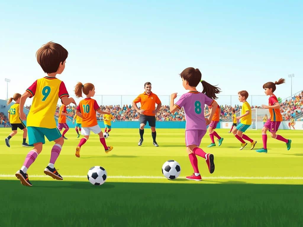 A vibrant youth soccer field buzzing with energy during arrival activities. In the foreground, a group of young players in bright soccer jerseys and shorts engage in an energetic warm-up, showcasing diverse body language and movement. Some players are practicing dribbling while others participate in dynamic stretching, all focused and excited. The middle ground features a coach, wearing a casual sports outfit, actively guiding the players with encouraging gestures, fostering a sense of teamwork and enthusiasm. The background displays a clear blue sky and distant spectators, adding to the lively atmosphere. The scene is illuminated by warm sunlight, casting soft shadows and enhancing the motion of the players, capturing the spirit of engagement and anticipation for the upcoming practice.