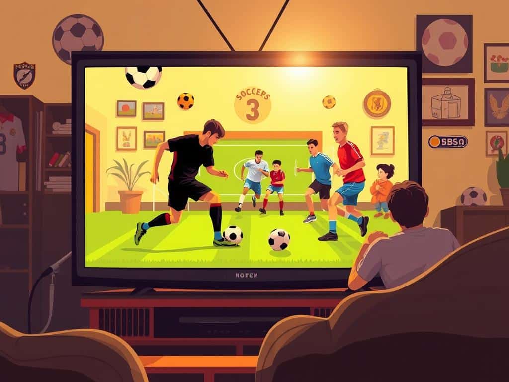 A vintage television set broadcasting a live soccer match with dynamic movement and energy, capturing players skillfully dribbling the ball in the foreground. The middle features a cozy living room setting with a family of four, dressed in casual sports attire, cheering excitedly while watching the game. In the background, a wall adorned with soccer memorabilia highlights the rich history of the sport. Soft, warm lighting emphasizes the anticipation and excitement of the scene, with a slight lens flare creating an inviting atmosphere. The angle is slightly tilted upwards towards the screen, showcasing the vibrant colors of the match. The overall mood conveys a sense of community and passion for soccer on television, evoking nostalgia for the golden age of broadcasting.