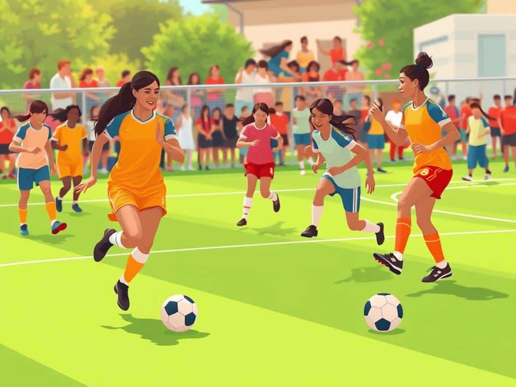 An energetic scene of women’s football development, showcasing a diverse group of female players engaged in a dynamic soccer match on a vibrant green pitch. In the foreground, one player dribbles the ball confidently, her determined posture and athletic stance reflecting growth and resilience. The middle ground features teammates cheering and supporting each other, wearing modest, colorful sports uniforms. In the background, a community of spectators, including young girls and families, watches with hopeful expressions, embodying the uplifting spirit of the sport. The setting is illuminated by warm afternoon sunlight, creating a bright and encouraging atmosphere. Capture the action from a slightly low angle to emphasize the players' movements, with a wide lens focusing on the interaction and excitement of the game. An energetic scene of women’s football development, showcasing a diverse group of female players engaged in a dynamic soccer match on a vibrant green pitch. In the foreground, one player dribbles the ball confidently, her determined posture and athletic stance reflecting growth and resilience. The middle ground features teammates cheering and supporting each other, wearing modest, colorful sports uniforms. In the background, a community of spectators, including young girls and families, watches with hopeful expressions, embodying the uplifting spirit of the sport. The setting is illuminated by warm afternoon sunlight, creating a bright and encouraging atmosphere. Capture the action from a slightly low angle to emphasize the players' movements, with a wide lens focusing on the interaction and excitement of the game.