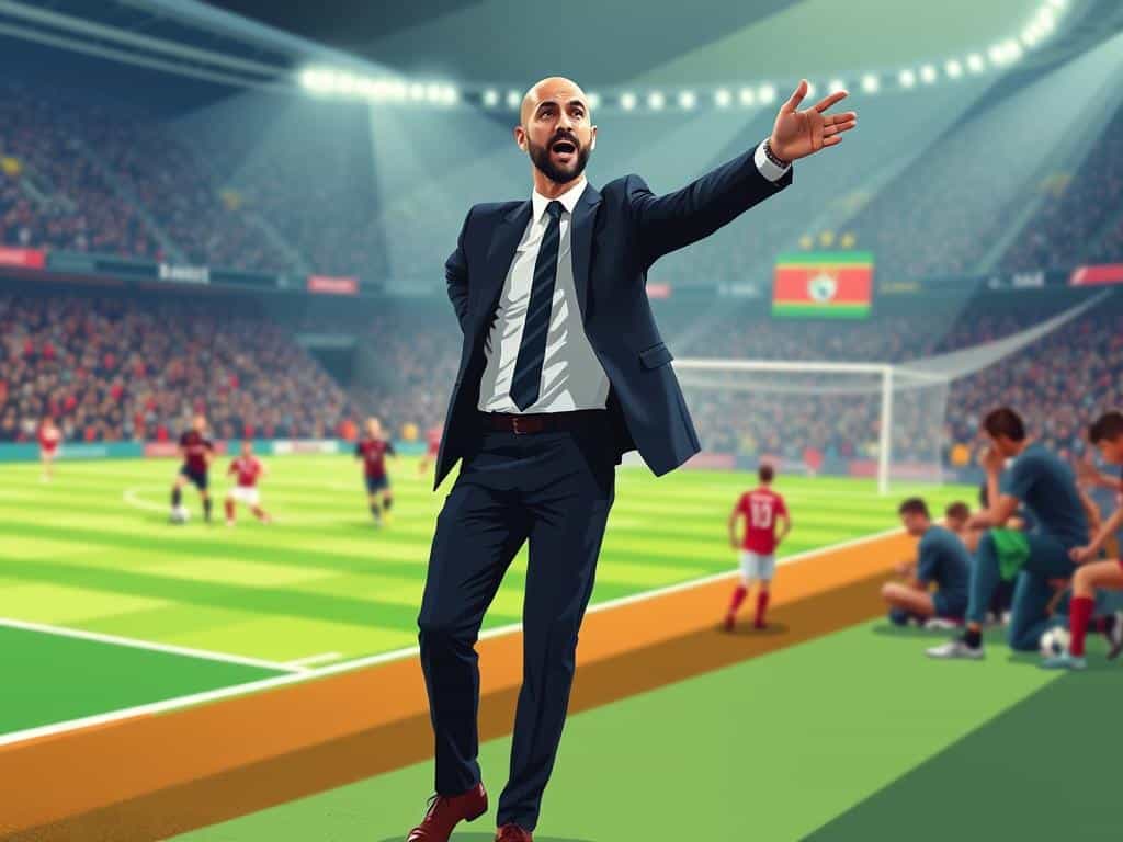 Pep Guardiola stands on the sidelines during a high-stakes soccer match, passionately directing his team. He is dressed in a smart, tailored suit, exuding professionalism and authority. His body language shows motion and energy, with one arm raised in an animated gesture while the other points toward the field, illustrating tactical decisions. In the background, players are engaged in dynamic play, showcasing the fluidity of his tactical evolution. The stadium is filled with vibrant colors and the atmosphere is electric, reflecting the intensity of the game. The lighting is dramatic, capturing the moment with a slightly low angle to emphasize Guardiola's commanding presence, while ensuring the action unfolds naturally.