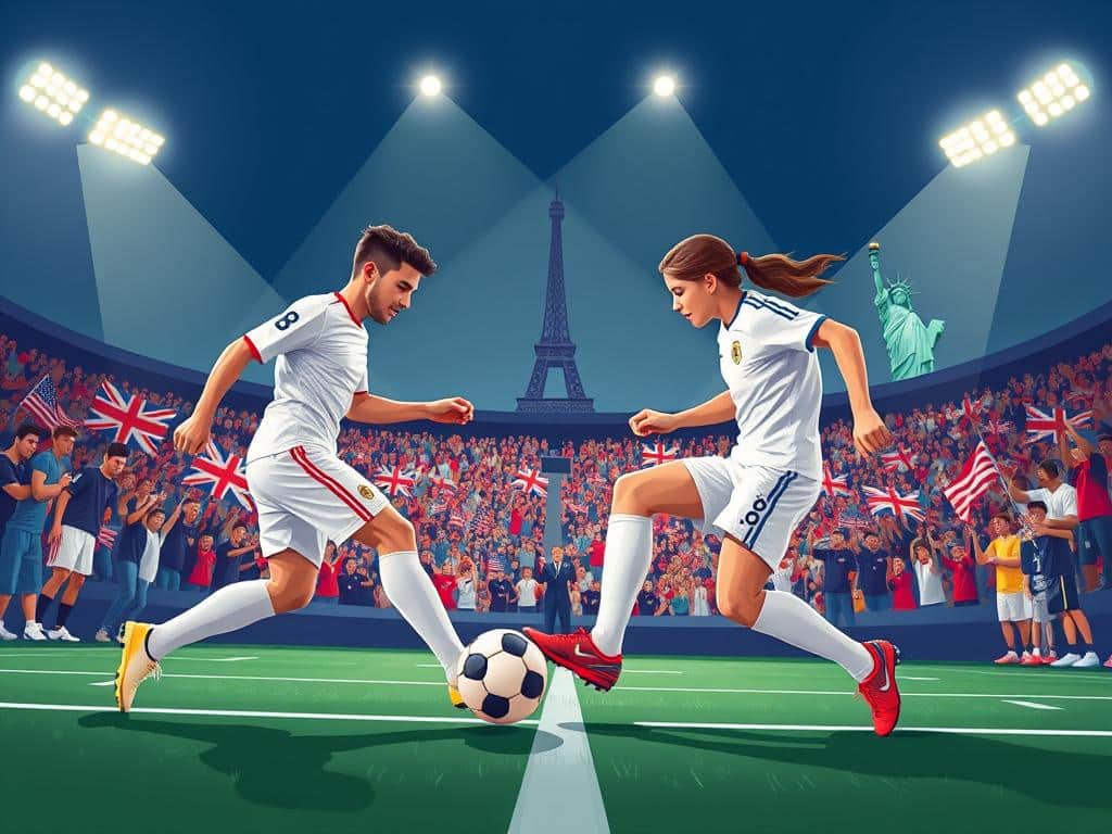 A dynamic football scene illustrating the contrast between US soccer and UK football terminology. In the foreground, two players in professional athletic gear engage in a spirited match, one wearing a classic UK football kit with a round ball, while the other sports a US soccer uniform, dribbling a more angular ball. The middle ground features an excited crowd in a stadium, with flags representing both countries waving enthusiastically. In the background, distinct landmarks from the UK and US are subtly integrated, like the Eiffel Tower and the Statue of Liberty, symbolizing cultural diversity. Bright game lights shine overhead, creating an atmosphere of high energy and competition, with dramatic shadows adding depth to the scene. The angle captures the motion, emphasizing the players’ intense focus and the thrill of the game.