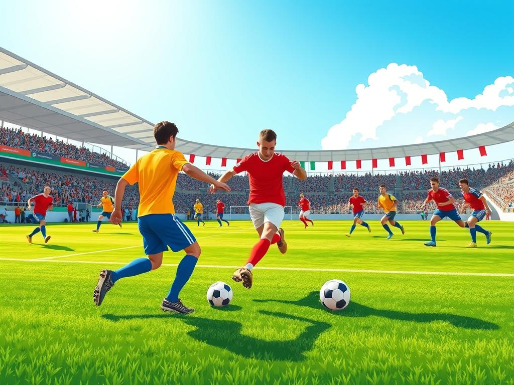 A lively association football scene on a vibrant green pitch, showcasing players in action wearing colored jerseys, their bodies in dynamic motion as they dribble, pass, and shoot the ball. In the foreground, focus on the movement of a player striking the ball with precision, their determined stance capturing the spirit of the game. The middle ground features teammates and opponents, some leaping in anticipation, illustrating the competitive nature of the sport. The background reveals a cheering crowd in a stadium, with banners waving in excitement, under a clear blue sky. Soft, natural sunlight casts dynamic shadows, enhancing the moment. The atmosphere is energetic and spirited, symbolizing the passion for "association football."