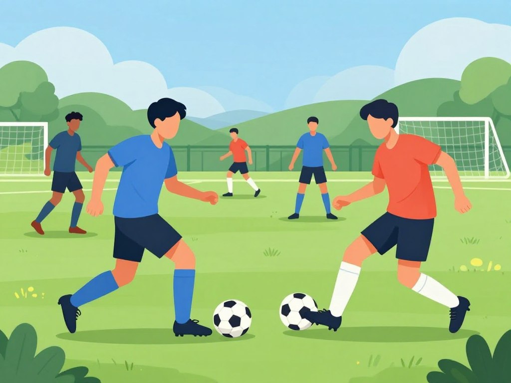 A soccer field scene focused on players practicing trapping drills, emphasizing tracking and positioning for optimal control. In the foreground, two players in modest athletic gear demonstrate precise footwork while maintaining strong body posture; one player skillfully controlling the ball, while the other anticipates its movement. The action conveys motion and energy, with the ball's trajectory captured mid-air. In the middle ground, additional players train, showcasing different trapping techniques, contributing to the dynamic atmosphere. The background features lush green grass, goalposts, and a clear blue sky, creating a vibrant and inviting sports environment. Natural sunlight illuminates the scene, casting soft shadows, enhancing the excitement and focus of the training session.