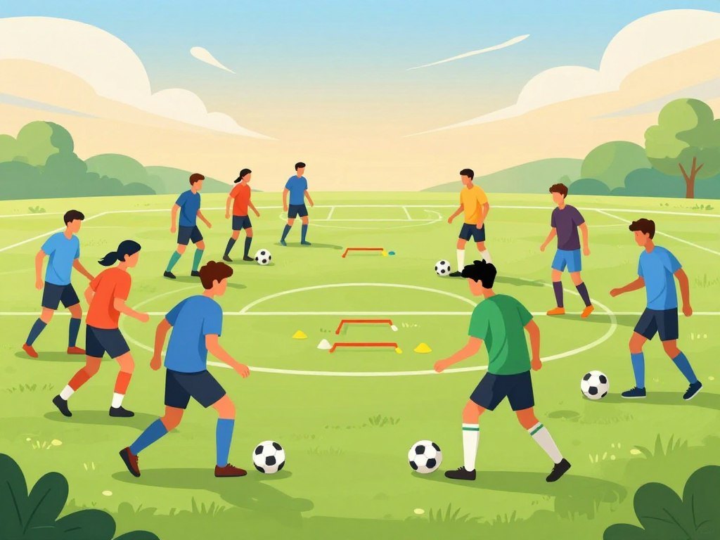 A vibrant soccer training session on a well-maintained pitch, showcasing advanced drills focused on enhancing passing and first touch skills. In the foreground, a diverse group of players in bright, modest athletic gear actively engage in a dynamic passing drill, emphasizing fluid movement and precise ball control. The middle layer features cones and agility obstacles arranged strategically to guide players through their drills, creating a sense of organized chaos. In the background, a sunny afternoon sky casts warm, natural lighting over the field, infusing the scene with energy and motivation. The composition captures action and teamwork, with players demonstrating skillful footwork and teamwork, embodying the pursuit of soccer excellence without displaying expressive facial features.