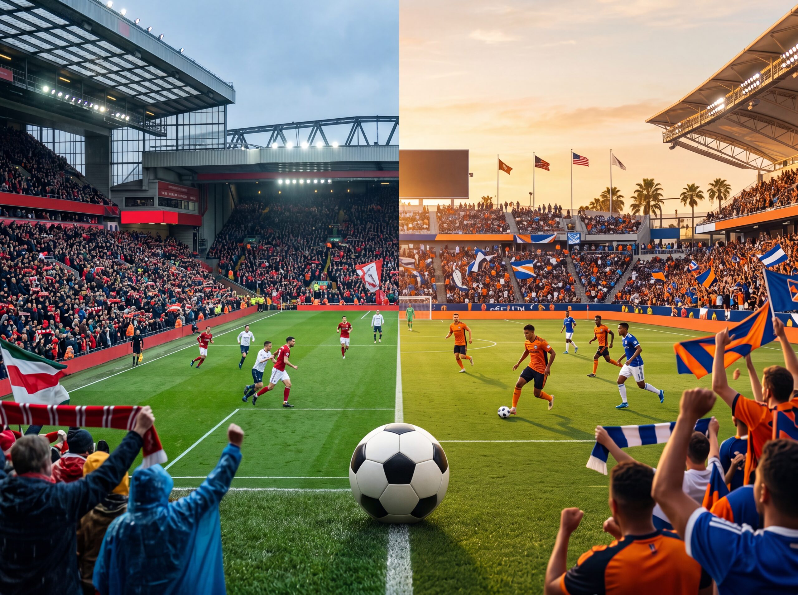 Football vs soccer comparison showing a European stadium and an American soccer setting with a round ball between them