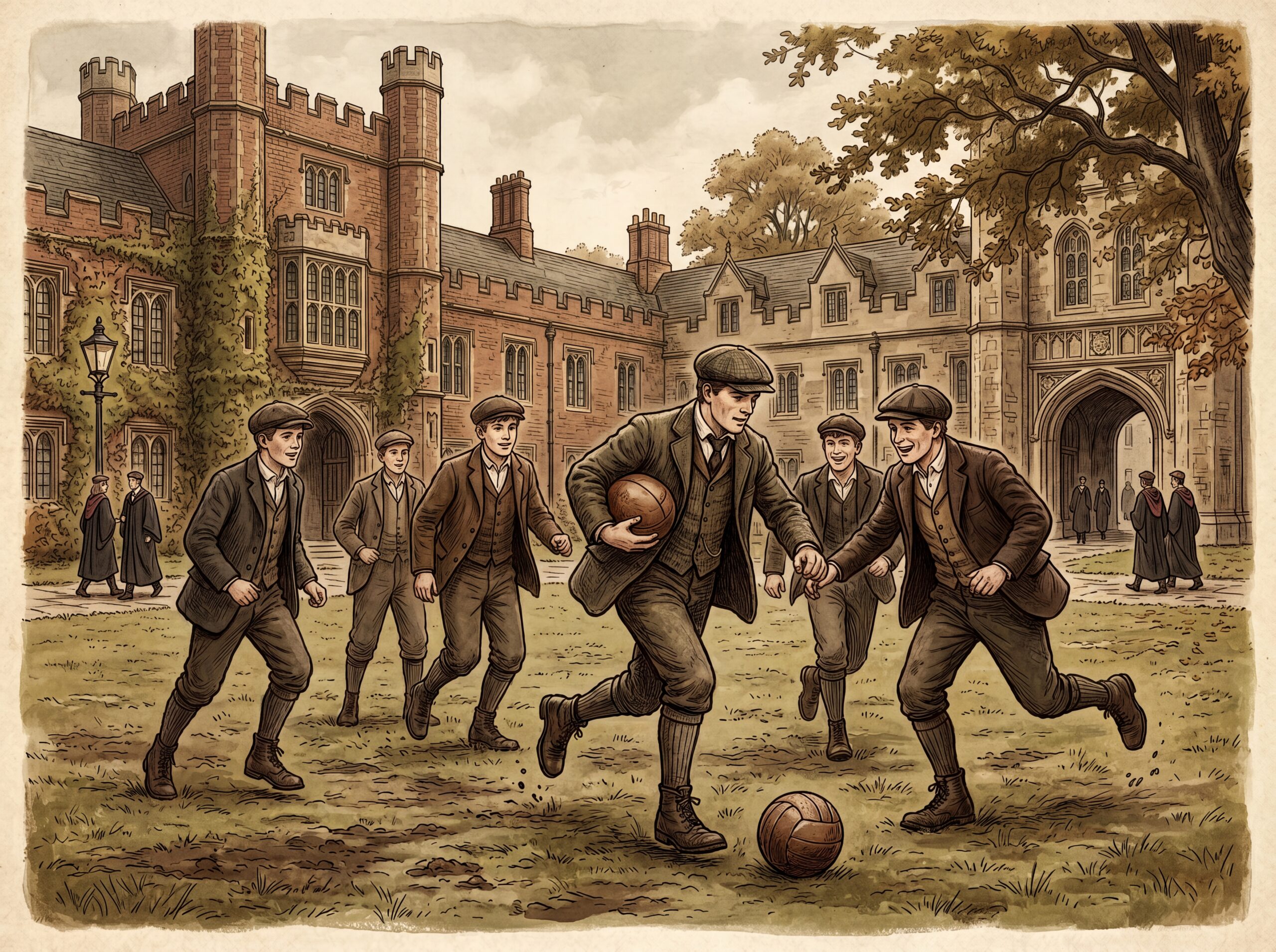 Students with a leather football at a late 1800s English university, where the word soccer began