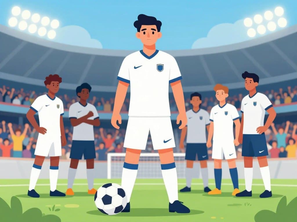 A confident soccer team captain stands poised on the field, wearing a crisp team jersey and shorts, their expression determined and focused. In the foreground, a soccer ball is placed at their feet, hinting at a moment of strategic play. The middle ground showcases teammates surrounding the captain, engaged in animated discussions about tactics, conveying a sense of leadership and camaraderie. The background features a vibrant stadium filled with cheering fans, under bright stadium lights that create a dynamic and energetic atmosphere. Capture this scene from a slightly low angle to emphasize the captain's stature and authority, while blurring the crowd slightly to focus on the interaction among players. The overall mood is one of motivation and teamwork, celebrating leadership both on and off the field.