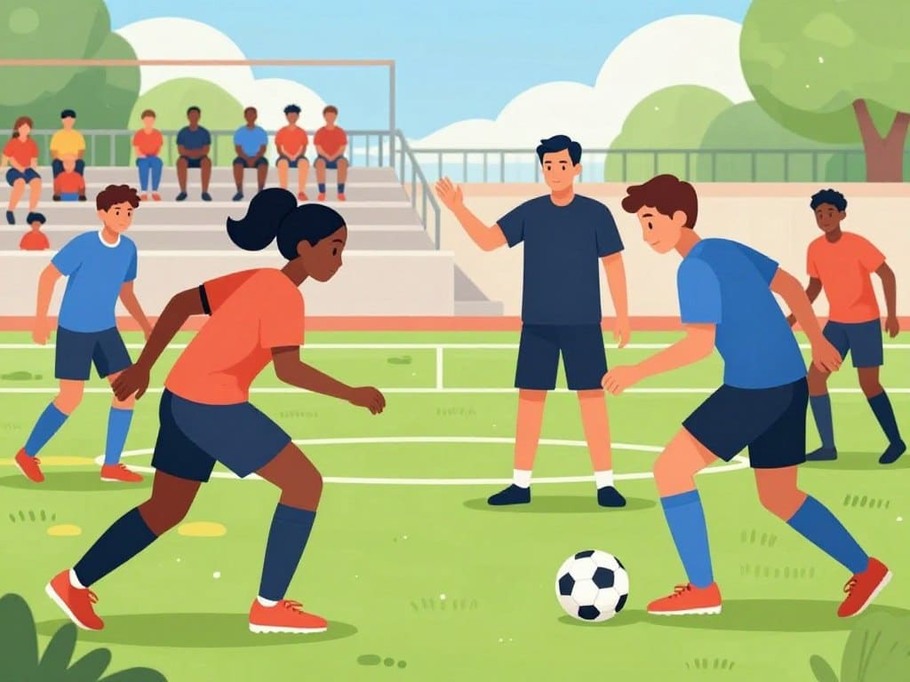 A dynamic scene of diverse soccer players practicing mental skills on a vibrant field. In the foreground, two players (a Black woman and a Hispanic man) engage in focused drills, showing concentration and teamwork. In the middle ground, a coach observes while offering strategies and encouragement, embodying leadership. The background captures a sunny day with spectators sitting on bleachers, enhancing the atmosphere of community support. The image features bright, natural lighting accentuating the players' movements, shot from a slightly low angle to emphasize their determination and energy. The overall mood is one of resilience, teamwork, and the joy of growth in soccer, featuring players in athletic gear, symbolizing the power of mental skills both on and off the field.