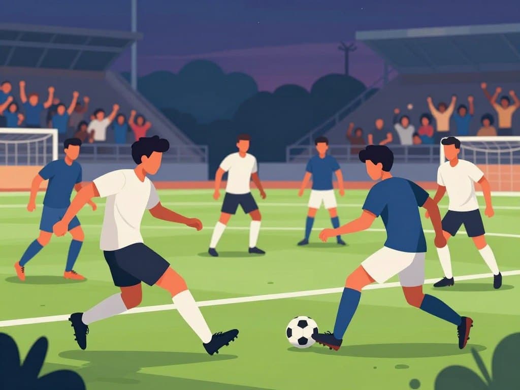 A dynamic soccer scene captured at dusk, showcasing a team of players in professional sports attire, mid-action on the field. In the foreground, focus on two players: one executing a swift pass and the other poised to receive the ball, their bodies demonstrating intense focus and determination. In the middle ground, teammates are strategically positioned, highlighting the interconnectedness of teamwork, while an opponent approaches, adding an element of challenge. The background features a blurred stadium with cheering fans, creating an atmosphere filled with energy and excitement. Soft, dramatic lighting emphasizes the athletic movement, casting elongated shadows and giving a sense of urgency. Use a wide-angle lens to capture the expansive field and create a feeling of depth and immersion in the moment.