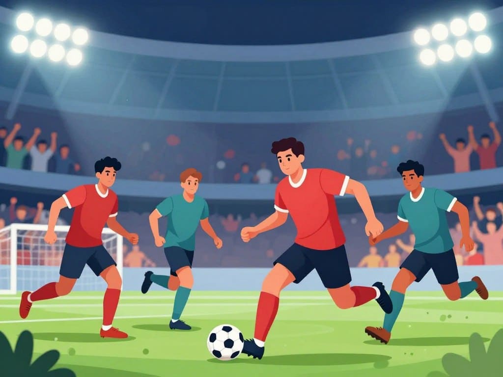 A dynamic soccer scene capturing a competitive moment during a high-pressure match. In the foreground, a team of players in professional sports attire, focused and intense, exhibit dynamic body posture as they navigate an intense play. One player skillfully maneuvers the ball while teammates sprint in either direction, showcasing determination and teamwork. In the middle ground, the blurred figures of opposing players create a sense of urgency, their motion captured in a dramatic angle. The background features a packed stadium with spectators cheering, bathed in bright stadium lights that illuminate the scene with a vibrant glow. The atmosphere is electric, filled with energy and the thrill of competition, encapsulating the essence of handling pressure on the field.