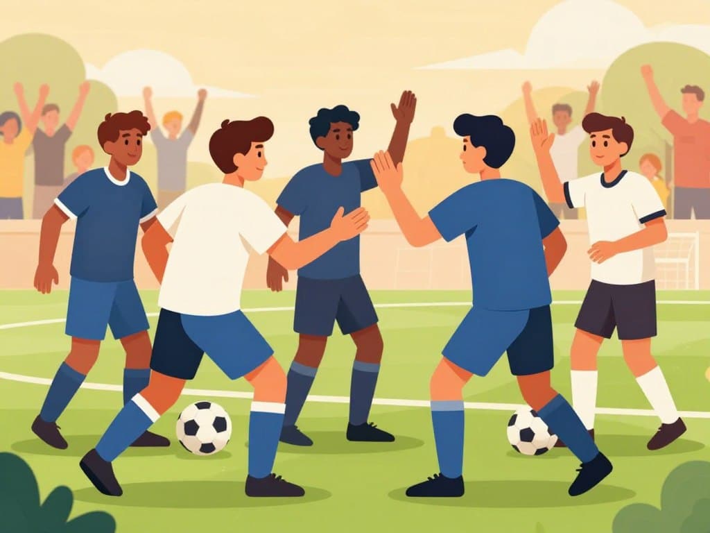 A dynamic soccer scene capturing teammates in the midst of a lively huddle, radiating energy and confidence. In the foreground, two players in well-fitted jerseys are animatedly discussing strategy, one gesturing with an open hand while the other nods enthusiastically, showcasing strong communication and leadership. Their expressions reflect determination and encouragement. In the middle ground, additional teammates are joining the huddle, some high-fiving, others clapping each other on the back, embodying support and camaraderie. The background features a vibrant soccer field, with a cheering crowd in soft focus, enhancing the atmosphere of a lively match day. A warm golden hour light bathes the scene, creating an uplifting and motivational mood. The camera angle captures the action from a slightly elevated perspective, emphasizing the teamwork and dynamic spirit of the moment.