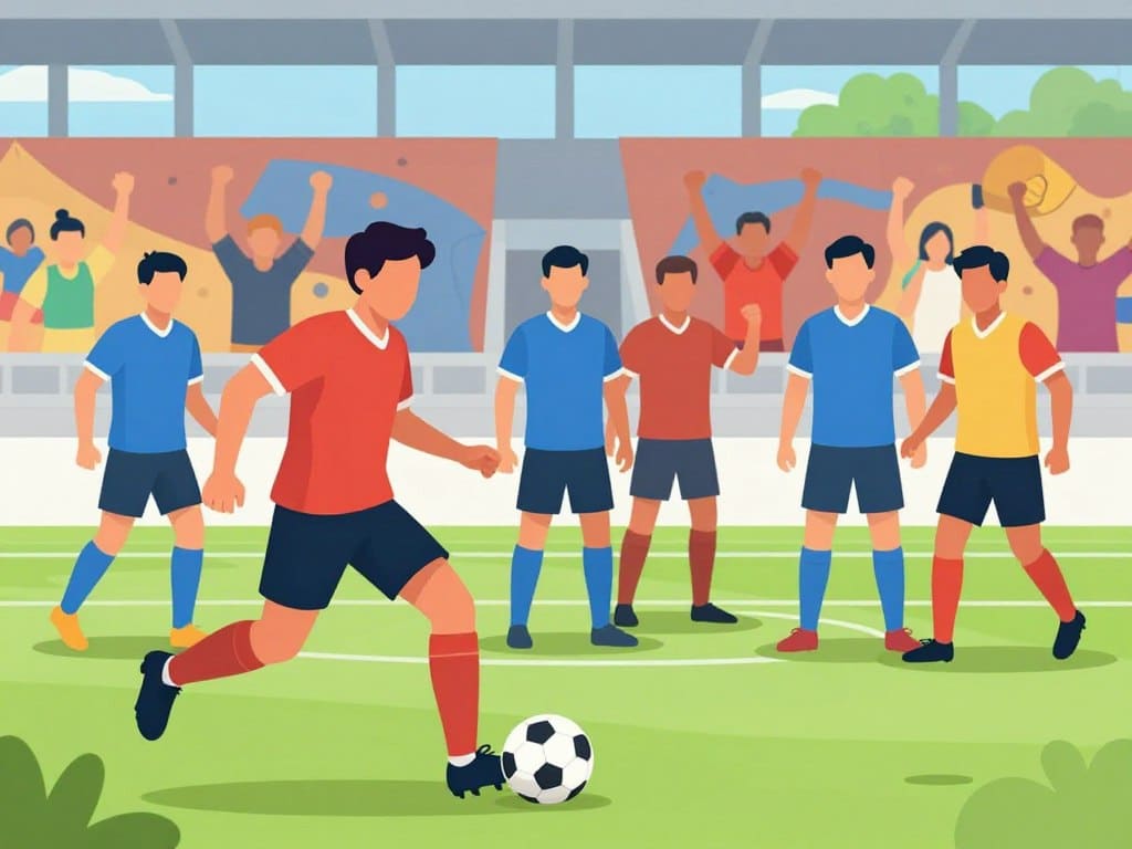 A dynamic soccer scene illustrating in-game tools for building confidence, showcasing a group of players in action on the field. In the foreground, two players are engaging in a decisive play, with one skillfully dribbling the ball while the other is poised to assist. The middle ground features teammates encouraging each other, demonstrating support and teamwork. In the background, a vivid stadium atmosphere with cheering fans and colorful banners enhances the energy of the moment. Natural daylight illuminates the scene, creating vibrant shadows and highlights that emphasize movement. The mood reflects determination and focus, capturing the essence of playing confidently under pressure, while maintaining a professional sports theme without displaying any faces prominently.