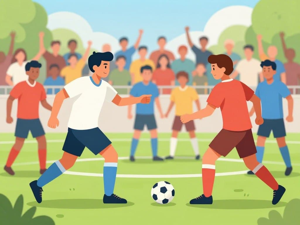 A dynamic soccer scene showcasing a diverse group of players in mid-action on a vibrant green field. The foreground captures two players in professional soccer attire, one gesturing clearly while directing the flow of the game, demonstrating effective communication and leadership. The middle ground features teammates responding with focus and determination, emphasizing teamwork. The background shows an enthusiastic crowd in blurred motion, creating an energetic atmosphere. The lighting is bright and natural, emulating a sunny afternoon, adding warmth and vibrancy to the scene. A low-angle perspective accentuates the players' movement and engagement, effectively illustrating the importance of clear, simple, and timely communication that enhances teamwork and drives success on the field.