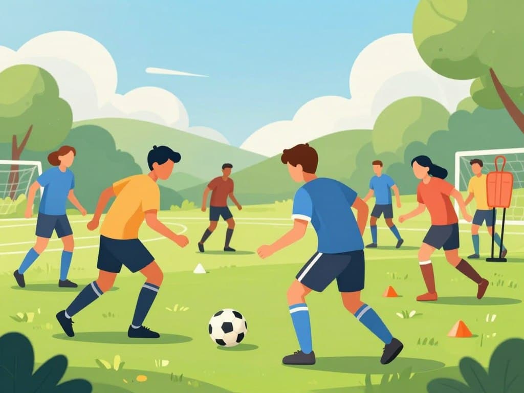 A dynamic soccer training scene showcasing athletes practicing visualization techniques. In the foreground, a diverse group of male and female soccer players in modest athletic gear, focusing intently on an imaginary ball. The middle ground features a lush green soccer field, with cones and training equipment suggesting movement and energy. The background offers a vibrant sunny sky, enhancing the energetic atmosphere, while distant trees frame the scene. Soft, warm lighting cascades down, creating a sense of optimism and determination. Capture this action from a low angle to emphasize the players’ focus and commitment, with a slight blur effect to suggest motion, illustrating the essence of visualization techniques in soccer training.