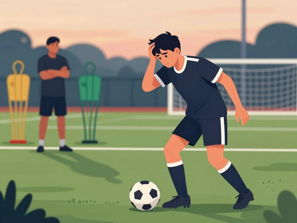 A soccer training field at dusk, infused with a sense of tension and apprehension. In the foreground, a young soccer player in modest athletic wear is captured mid-action, clutching his head with one hand, depicting a moment of inner struggle. His body language reflects anxiety: slightly hunched shoulders and a furrowed brow. In the middle ground, a coach watches attentively from a distance, showing concern, illustrating the supportive environment necessary for mental recovery. The background features blurred soccer goals and training equipment, hinting at the intensity of practice while casting long shadows under the fading light. The atmosphere conveys a mix of urgency and hope, with soft, diffused lighting creating a contemplative mood.