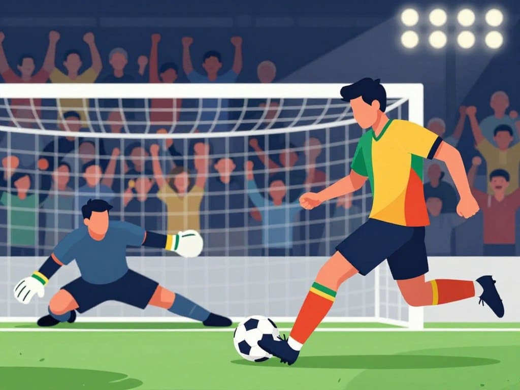 A tense moment during a penalty shootout in a soccer match, showcasing a player in a determined stance, poised to take the kick. In the foreground, the player wears a colorful jersey and shorts, focused on the goal ahead. The middle ground features the goalkeeper in dynamic motion, diving to the left, fully stretched to make a save. The background captures an excited crowd in a stadium, their faces filled with anticipation, while stadium lights create a dramatic ambiance. The angle is slightly low, emphasizing the intensity of the moment, with motion blur illustrating the fluidity of the kick. The overall mood is electric and tense, reflecting the high-stakes nature of the game with a focus on strategy and execution.