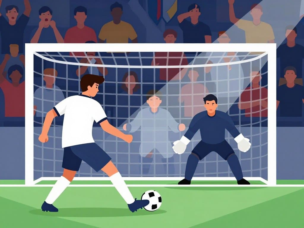 A tense scene of a football penalty shootout, capturing the moment just before a player takes the decisive kick. In the foreground, a focused player in a professional athletic uniform prepares for the shot, showcasing a repeatable pre-kick routine—adjusting their stance, eyes fixed on the goal. The middle ground features a goalkeeper, poised and ready, tension palpable in their body language as they anticipate the incoming ball. In the background, a stadium filled with spectators creates a blurred, energetic backdrop, with colorful banners and expressions of anxiety and excitement. Lighting is dramatic, with focused beams illuminating the player and the goal, enhancing the sense of pressure. The atmosphere is charged, embodying the high stakes and emotional intensity of the moment, showcasing motion and energy without revealing faces in detail.