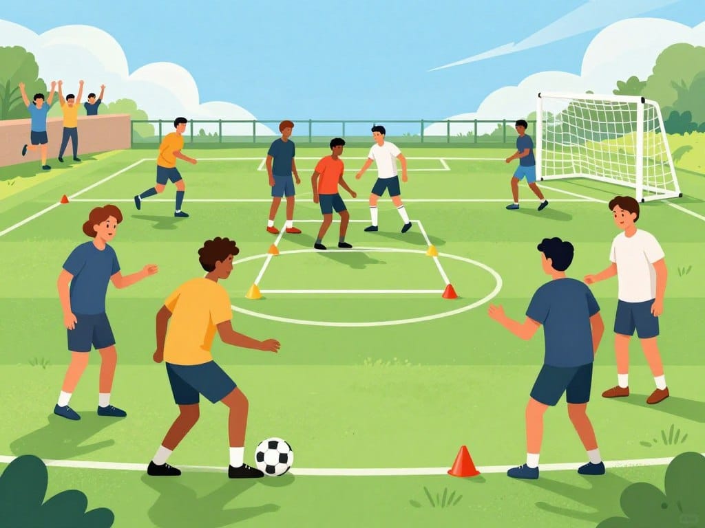 A vibrant soccer field filled with teammates engaging in various problem-solving challenges. In the foreground, a diverse group of players, dressed in casual athletic gear, work together to navigate a series of cones, demonstrating cooperation and strategy. One player is dribbling a soccer ball while others communicate and gesture with enthusiasm, showcasing teamwork and energy. In the middle ground, another group is strategizing over a playful obstacle course involving passing and teamwork drills, with soccer goals visible nearby. The background features a bright blue sky and cheering spectators, creating a lively atmosphere. Use natural sunlight to cast dynamic shadows that accentuate the players' movements, capturing the essence of teamwork and innovation in a playful soccer environment.