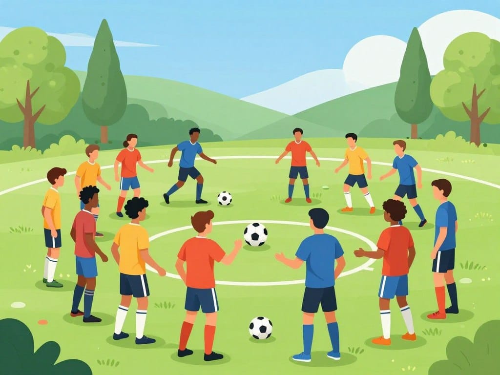 A vibrant soccer field scene depicting a diverse group of players engaging in various team bonding activities. In the foreground, a diverse team is animatedly discussing strategies, with a soccer ball nearby, showcasing camaraderie and teamwork. The middle ground features players practicing drills, demonstrating energy and motion, as they pass the ball to each other with enthusiasm. In the background, lush green trees and a clear blue sky provide a refreshing and inviting atmosphere. The lighting is bright and cheerful, suggesting a sunny day that enhances the mood of fun and collaboration. The view is captured using a wide-angle lens to emphasize the dynamic interactions and the spirit of teamwork without focusing on individual faces.